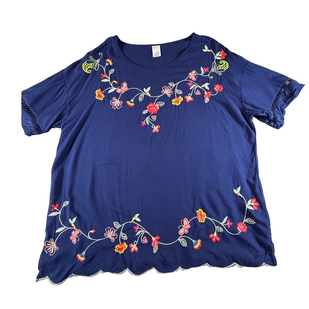 Time and Tru Women's Blue Floral Embroidered Scalloped Hem Top Size L